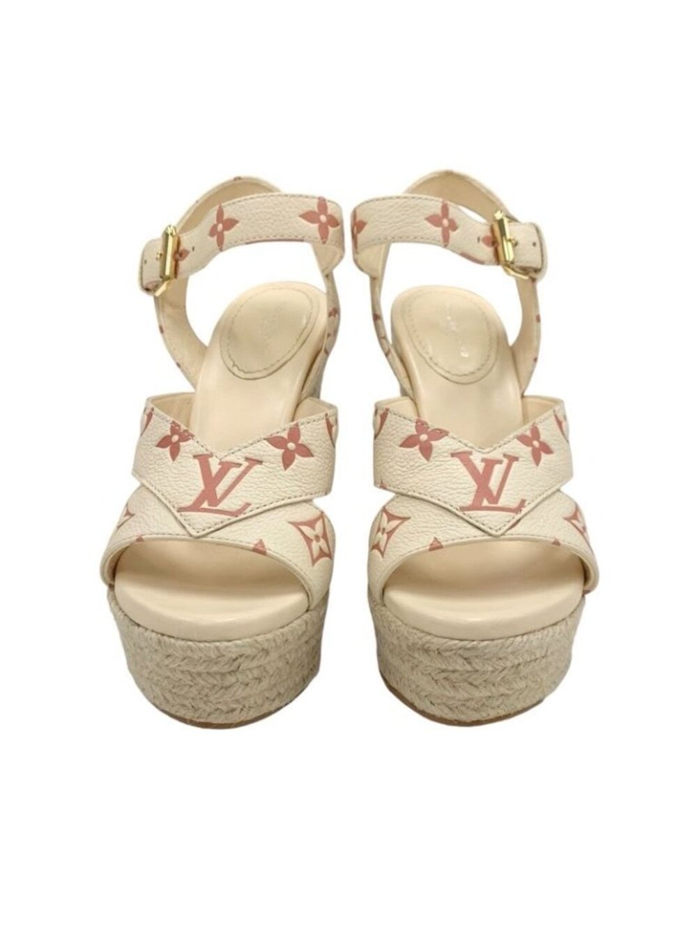 Louis Vuitton Starboard Line Monogram Sandals Shoes Leather Beige Wedge Sole - Picture 2 of 9